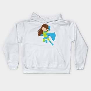 Superhero Girl, Cute Girl, Brown Hair, Blue Cape Kids Hoodie